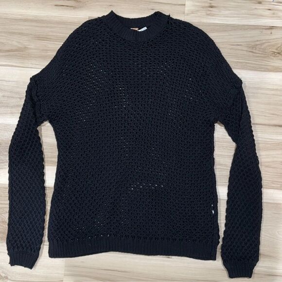 Free People Black Crochet Crewneck Pullover Tunic Sweatshirt Women’s Small - Picture 1 of 2